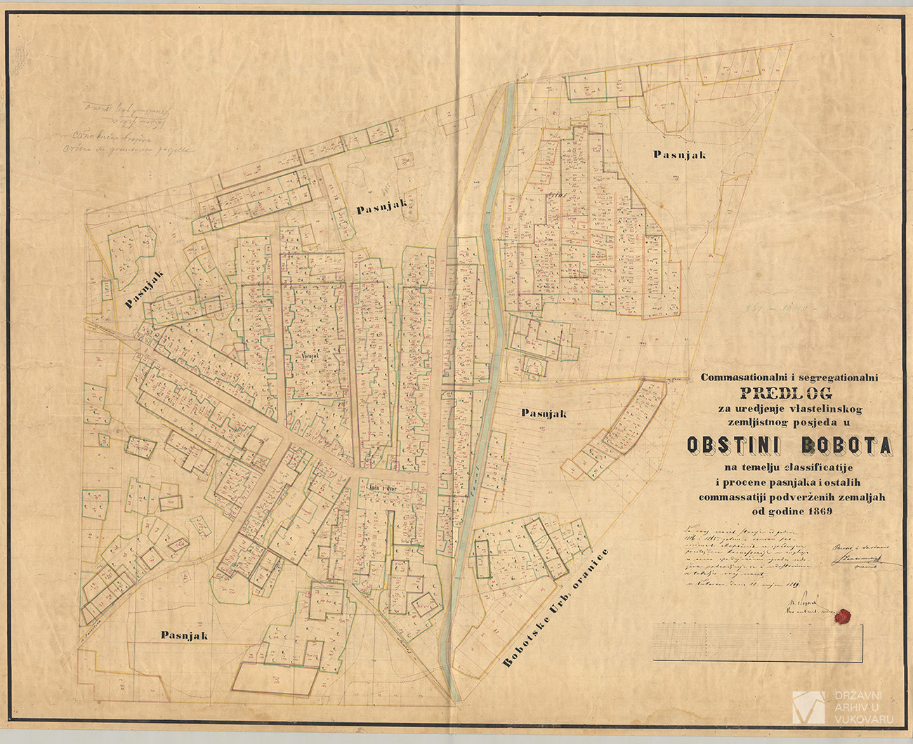 COMMASATIONALNI I SEGREGATIONALNI PREDLOG ZA UREĐENJE VLASTELINSKOG ZEMLJISTNOG POSJEDA U OBSTINI BOBOTA NA TEMELJU CLASSIFICATIJE I PROCENE PAŠNJAKA I OSTALIH COMASSATIJI PODVERŽENIH ZEMALJAH OD GODINE 1869.
