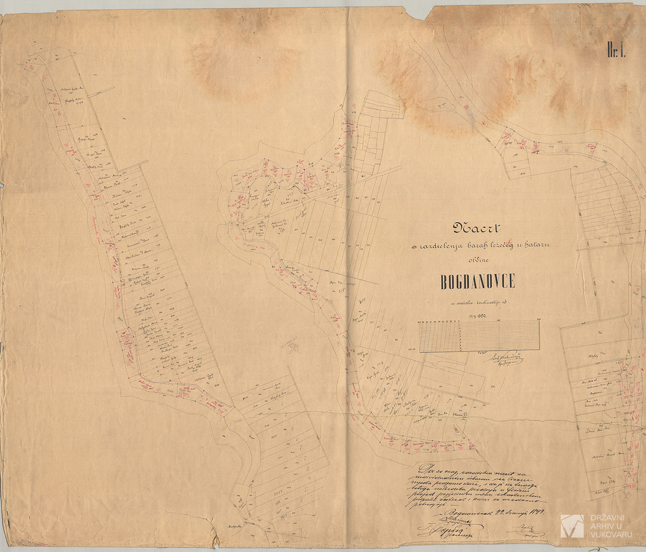 NACRT RAZDIELENJA BARAH LEŽEĆIH U HATARU OBĆINE BOGDANOVCE U SMISLU INSTRUCTIJE OD 11/3 1890.(LIST I)