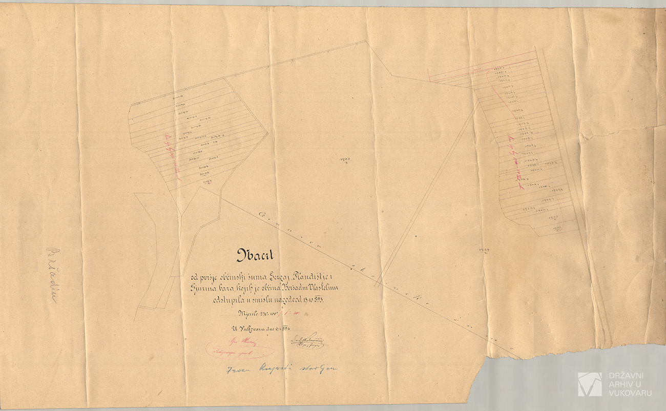 NACRT OBČINSKI ŠUMA GERGAJ,PLANDIŠTJE I GJURINA BARA KOJIH JE OBĆINA BERŠADIN VLASTELINU ODSTUPILA U SMISLU NAGODE OD 13/10 1893