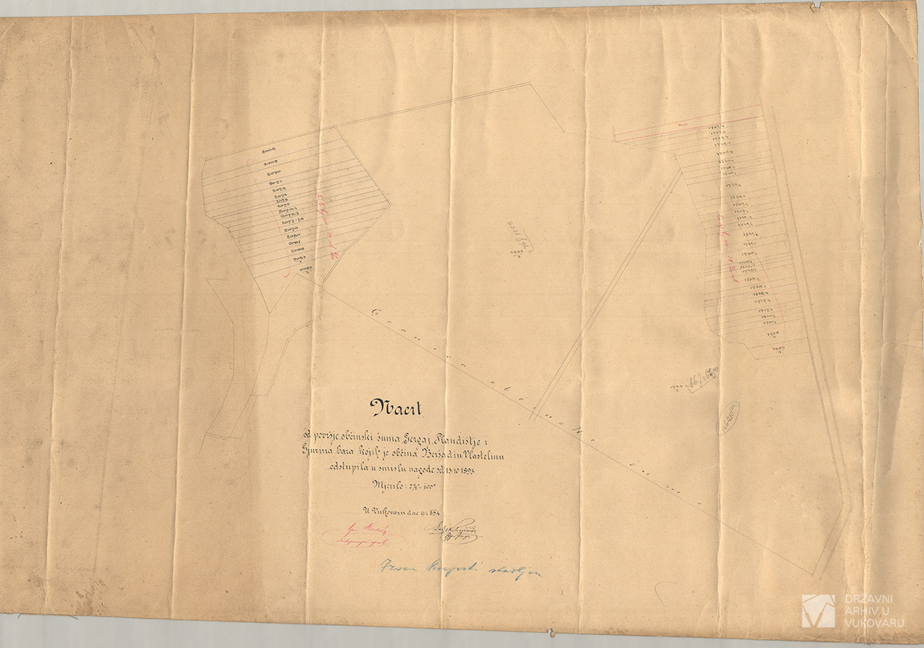 NACRT OBČINSKI ŠUMA GERGAJ,PLANDIŠTJE I GJURINA BARA KOJIH JE OBĆINA BERŠADIN VLASTELINU ODSTUPILA U SMISLU NAGODE OD 13/10 1893