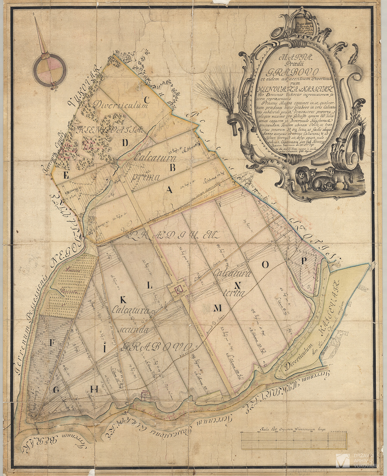 MAPPA PRAEDI GRABOVO ET EIDEM ADJACENTIUM DIVERTICULORUM KLENOVATZA, KAJSEVATZ ITO DOMINIO VUKOVAR INGREMIATORUM FACIEM REPRAESENTANS