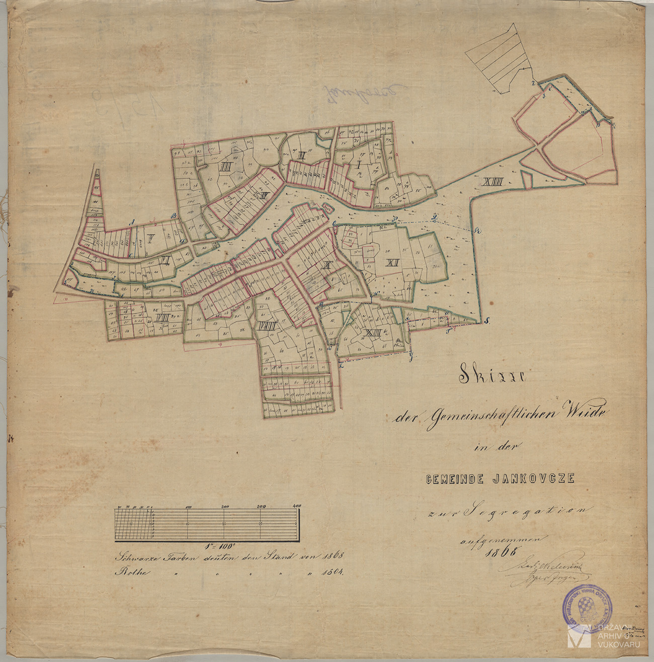 SKIZZE DER GEMEINSCHAFTLICHEN WEIDE IN DER GEMEINDE JANKOVCZE ZUR SEGREGATION AUFGENOMMEN 1868.