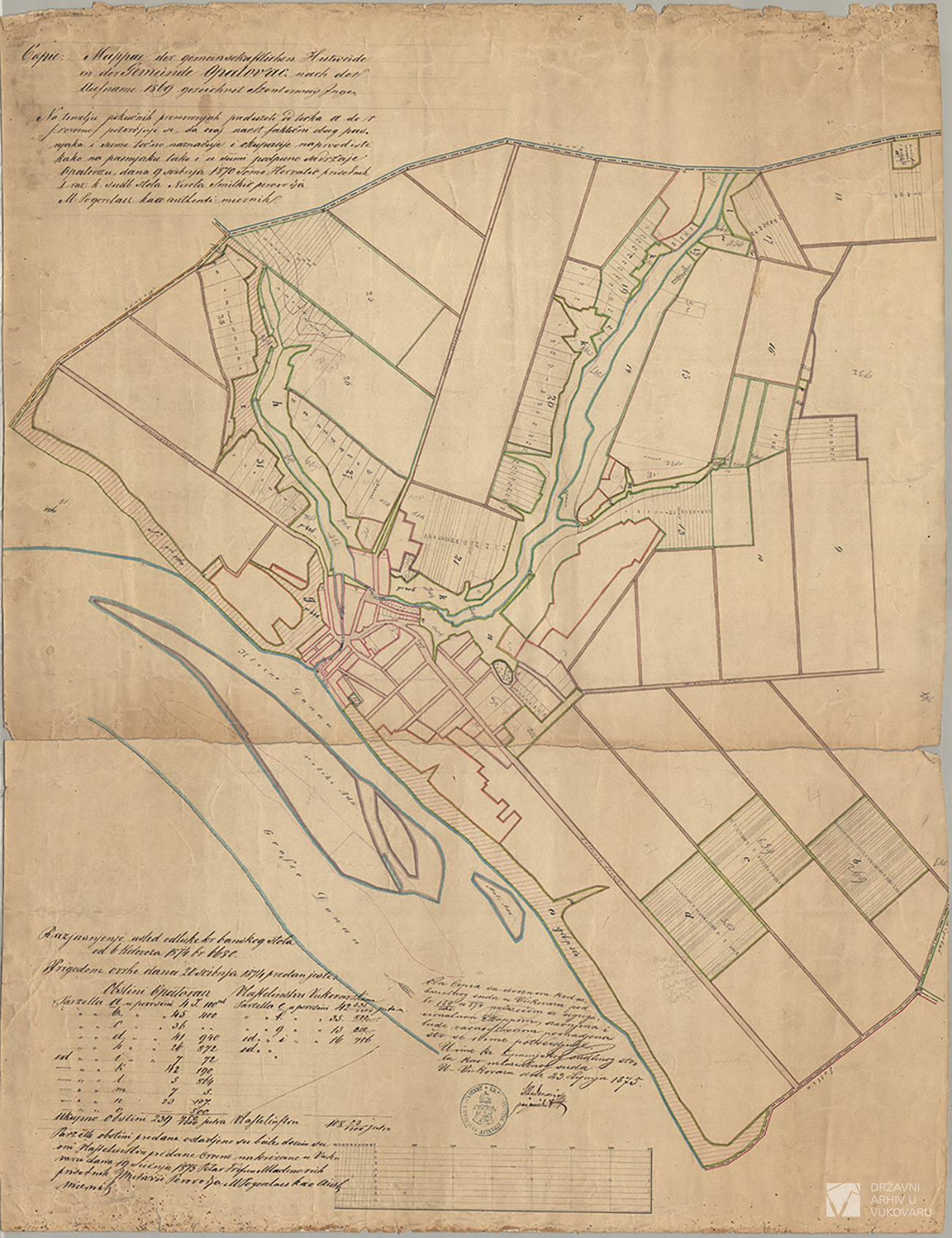 COPIE MAPPAE DER GEMEINSCHAFTLICHEN HUTWEIDE IN DER GEMEEINDE OPATOVAC NACH DER AUFNAME 1869 GEZEICHNET SZENTIRMAY  