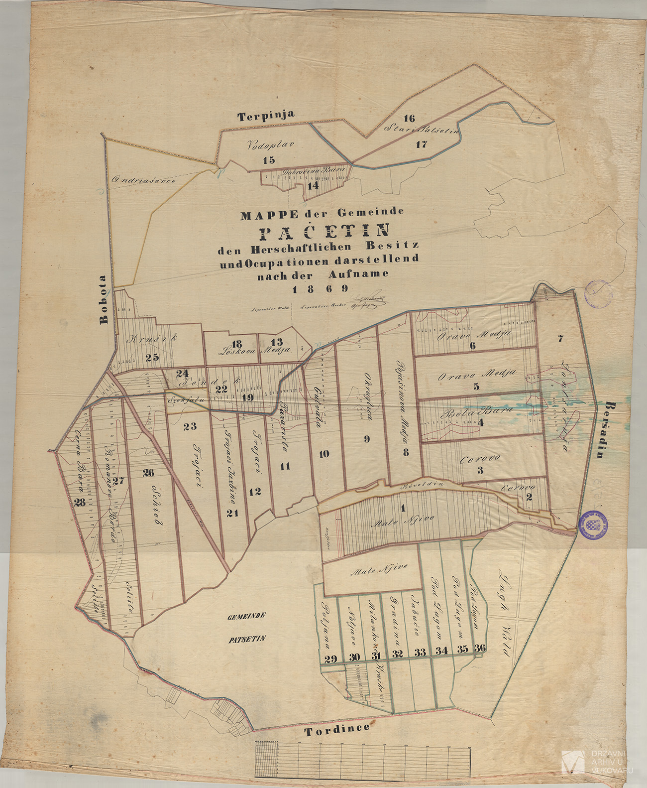 MAPPE DER GEMEINDE PAČETIN DEN HERSCHAFTLICHE BESITZ UND OCUPATIONEN DARSTELLEND NACH DER AUFNAME 1869
