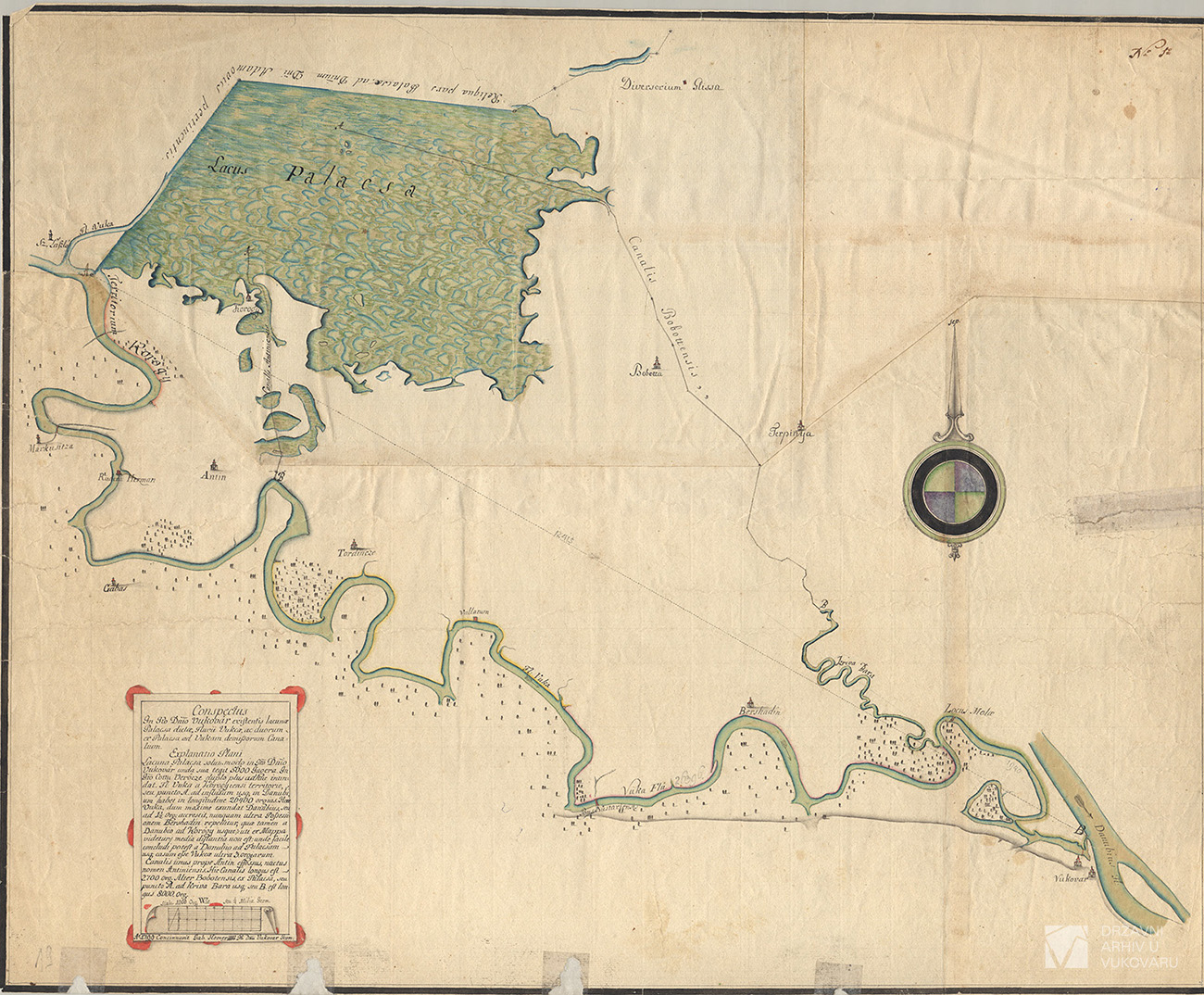 CONSPECTUS IN ITO DNIO VUKOVAR EXISTENTIS LACUNAE PALACSA DICTAE FLUVII VUKA, AC DUORUM EX PALACSA AD VUKAM DEMISSORUM CANALIUM