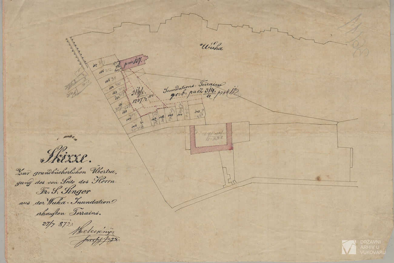 SKIZZE ZUR GRUNDBÜCHERLICHEN Ü+B346BERTRAGUNG DES VON SEITE DES HERRN S.SINGER AUS DER VUKA INUNDATION ABKAUFTEN TERRAINS