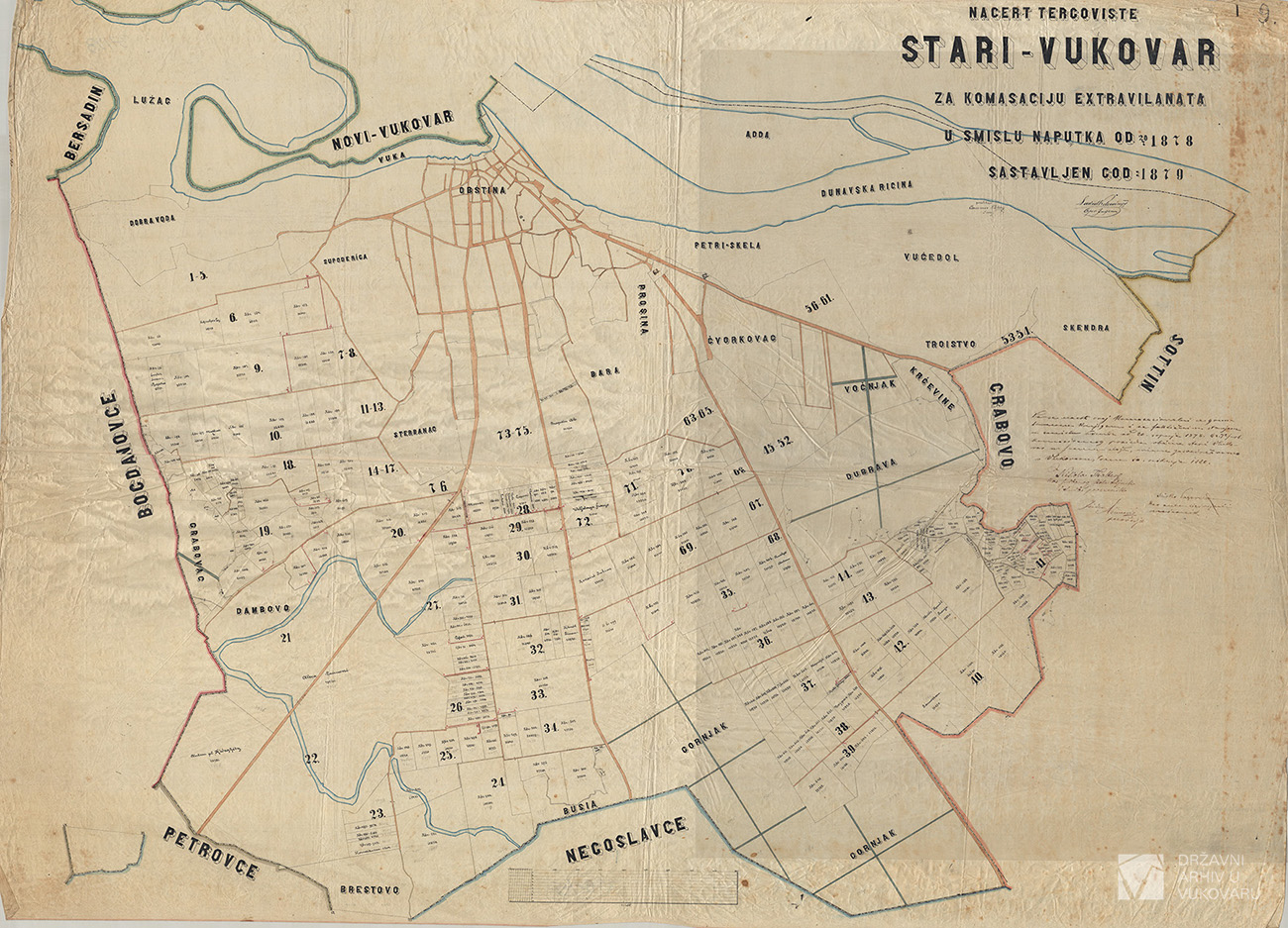 NACERT TERGOVIŠTA STARI VUKOVAR ZA KOMASACIJU EXTRAVILANATA U SMISLU OSUDE OD 20/7 1878 SASTAVLJEN GOD:1879